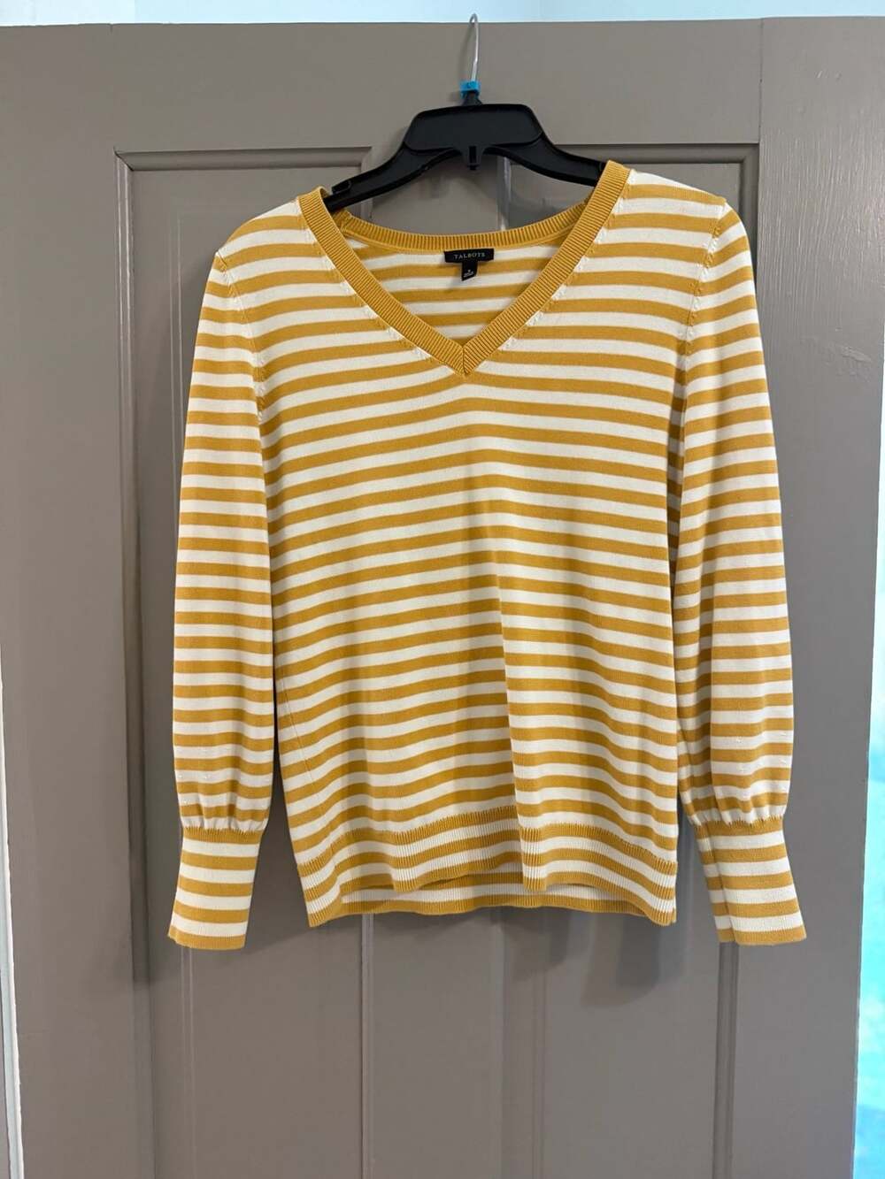 Talbots Women's Yellow and White Striped Long Sleeve V-Neck Cotton Sweater Size